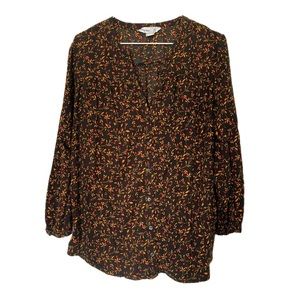 Old Navy black floral peasant button down tunic shirt gold red size large